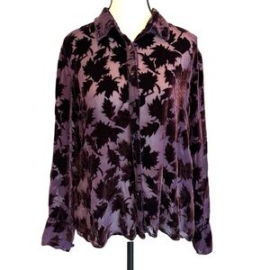 Vintage Y2K Express Burnout Velvet Purple Leaf Silk  Blouse Button Up Top L